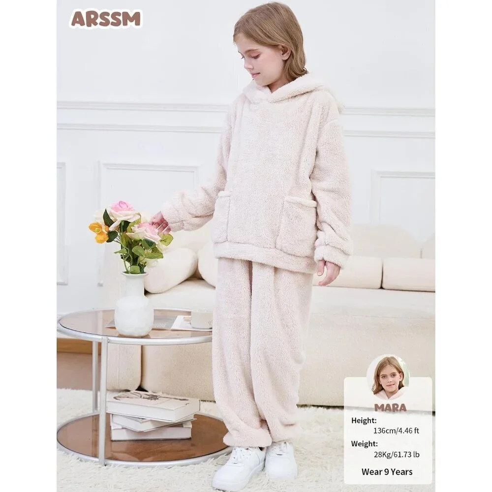Girl Pants Sets Two Pieces Outfit Kids Bear Ear Fuzzy Fluffy Hoodie Sweatshirt w
